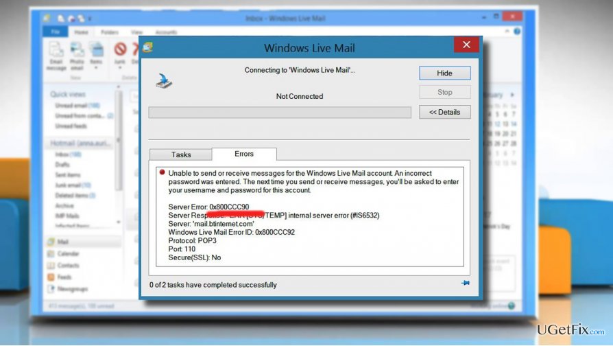 Windows Mail Hosting Server error 0x800ccc90 error number 0x800ccc92