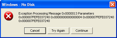 mensagem de erro de exceção do windows sem disco