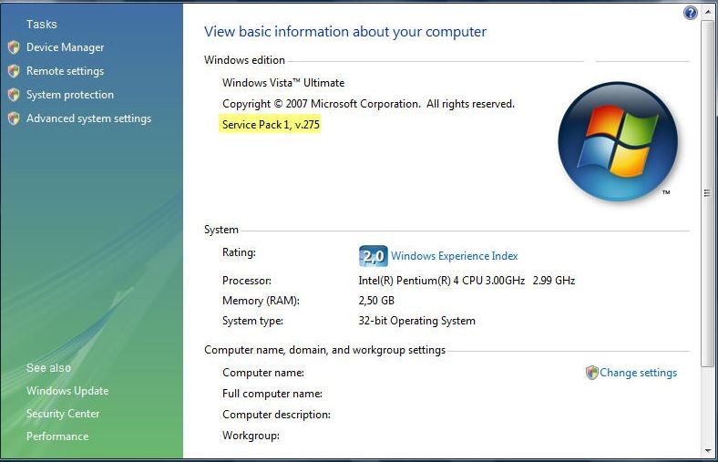 Windows Vista Service Pack 1 zainstalowany dwukrotnie