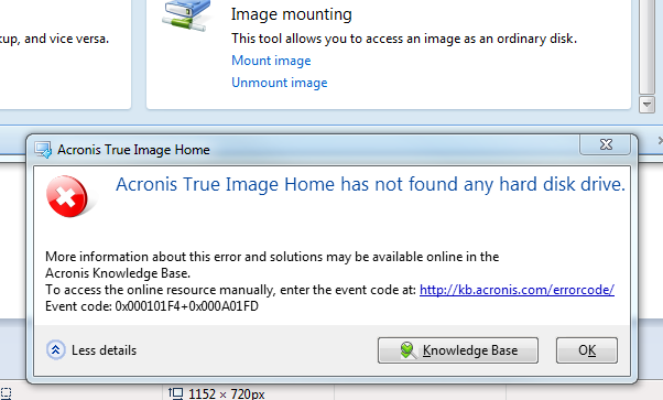 acronis true image not found any hard disk drives